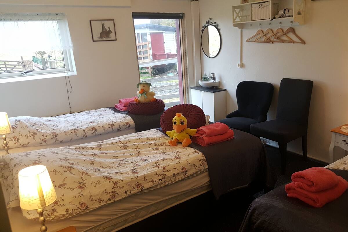 Habitación de hotel con dos camas, una mesita, una silla, una lámpara, un espejo y una ventana con vistas al exterior.