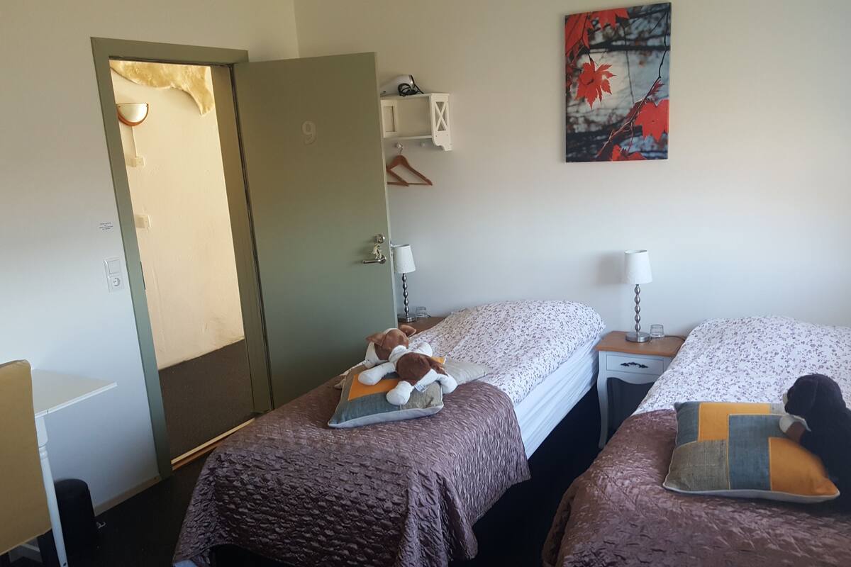 Una habitación con dos camas, una puerta, una mesita, una lámpara y un estante en la pared.