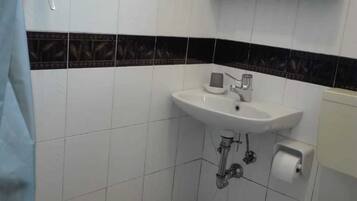 Une salle de bain avec un lavabo blanc, des toilettes et un espace douche.