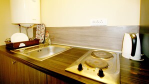 A kitchen with a double sink, a stove, a kettle, and a cabinet. - Apartment Manufactura (Belgrade)