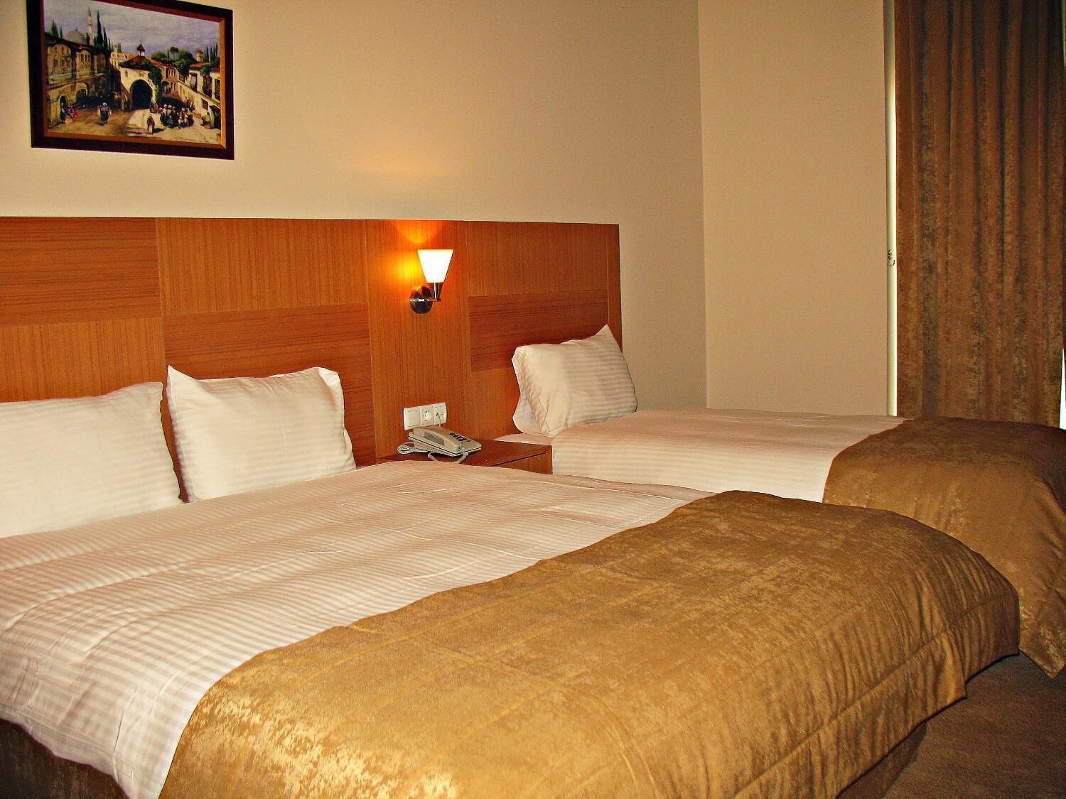 A hotel room with two beds, a wooden headboard, a wall-mounted phone, and a painting above the bed.