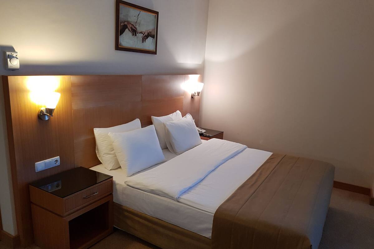 A hotel room with a wooden headboard, a bed with white linens, two bedside lamps, a nightstand with a phone and a lamp, and a wall-mounted picture.