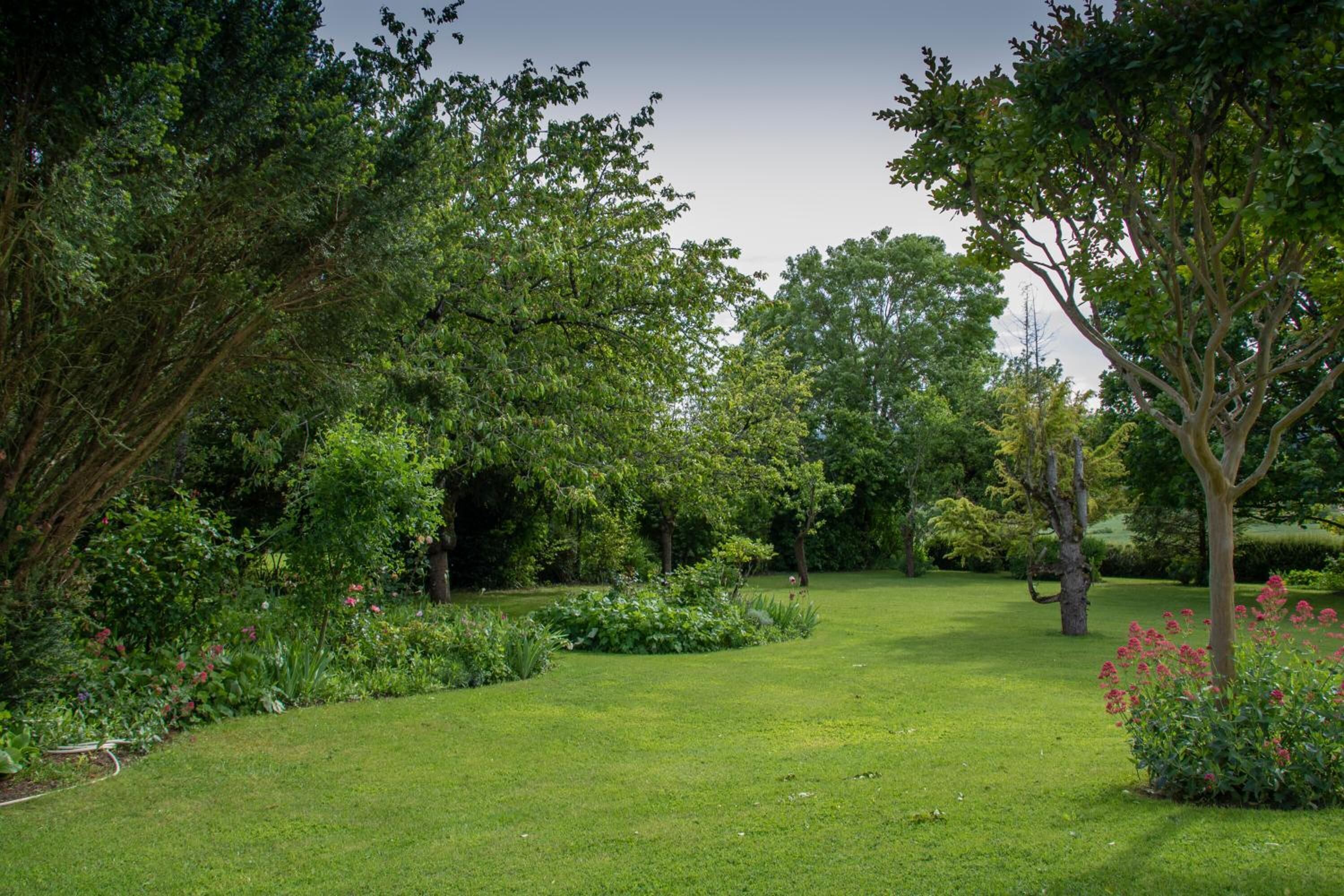 Un jardin bien entretenu, agrémenté de divers arbres et arbustes, d’une pelouse verdoyante et d’un petit étang.