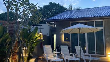 Outdoor pool, open 9:00 AM to 8:00 PM, pool umbrellas, sun loungers