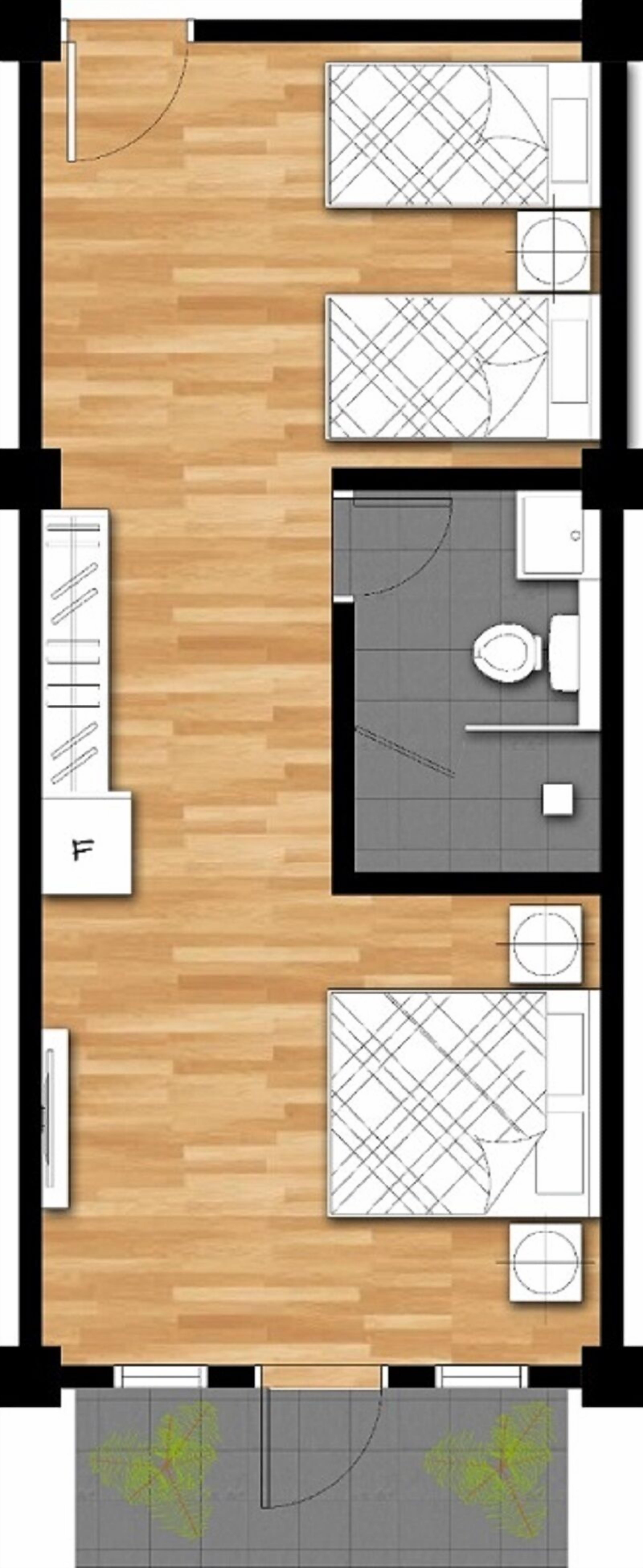 A floor plan of a hotel room with a wooden floor, a bathroom, a kitchenette, and a seating area with a patterned rug.