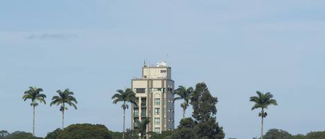 Un edificio alto y rectangular con techo plano y múltiples ventanas, rodeado de palmeras.