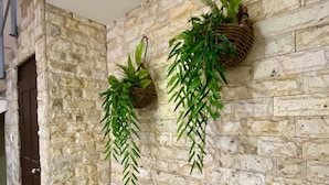 A stone wall with two hanging baskets containing green plants. - Hotel Playa de Oro (Boca del Río)
