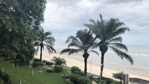 Ein angelegter Garten mit Palmen, Blick auf einen Strand und einem Kiesweg.
