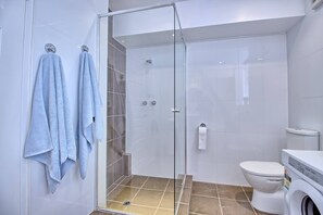 Shower, hair dryer, towels, shampoo