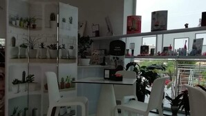 Een moderne keuken met witte kasten, een centraal eiland en potplanten.