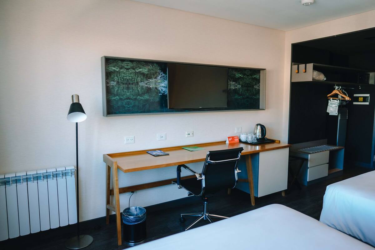 Una habitación de hotel con cama, escritorio, silla, televisor y radiador.