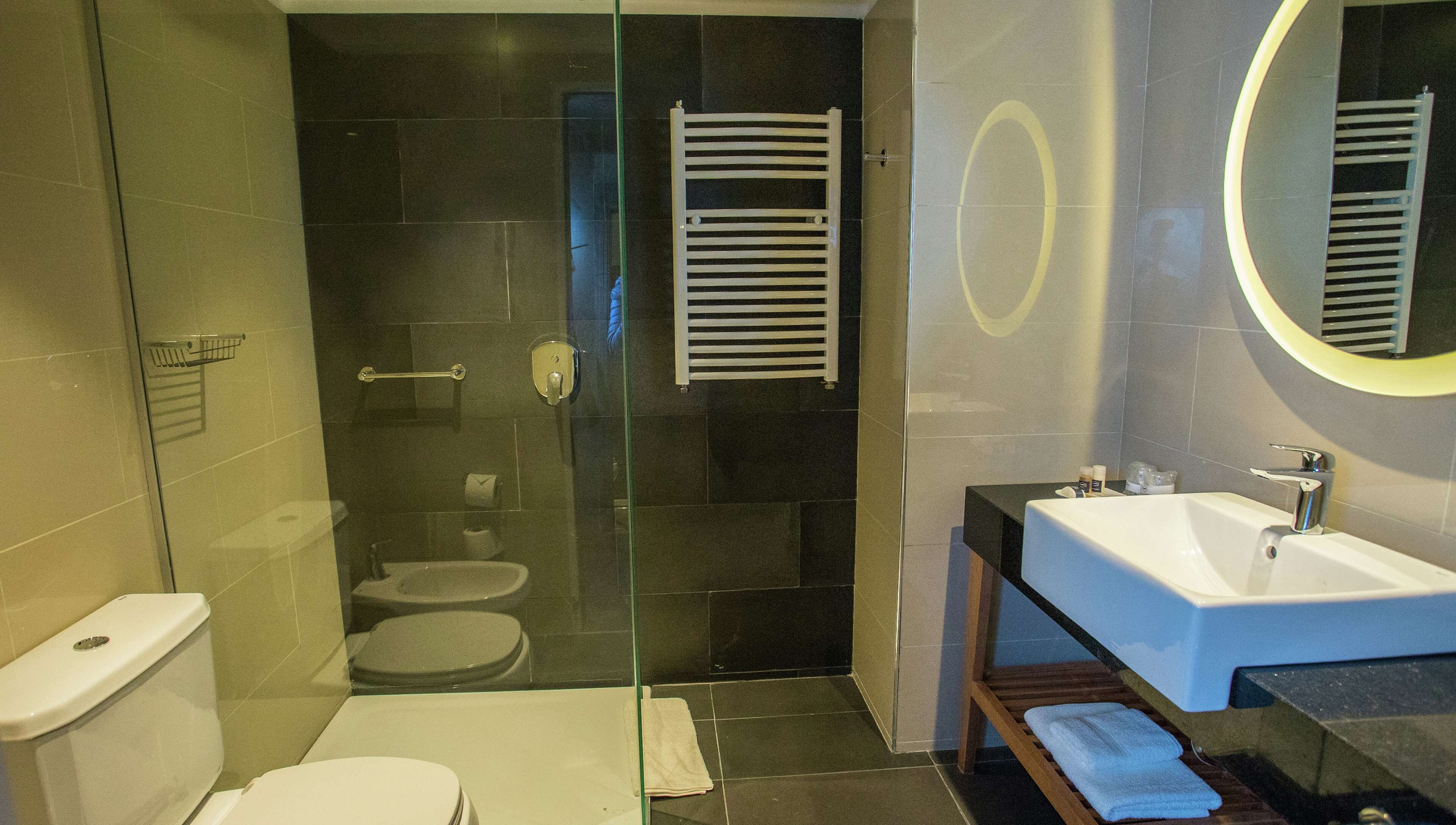 A modern bathroom with a glass-enclosed shower, a white toilet, a sink with a mirror, and a towel rack.