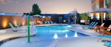 Seasonal outdoor pool, pool umbrellas, pool loungers