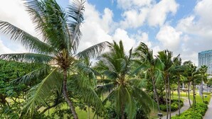 A pathway lined with palm trees and a building in the background. - Chic Studio w/Kitchenette, Lanai, AC, Washer/Dryer–Waikīkī Shore 304 (HONOLULU)