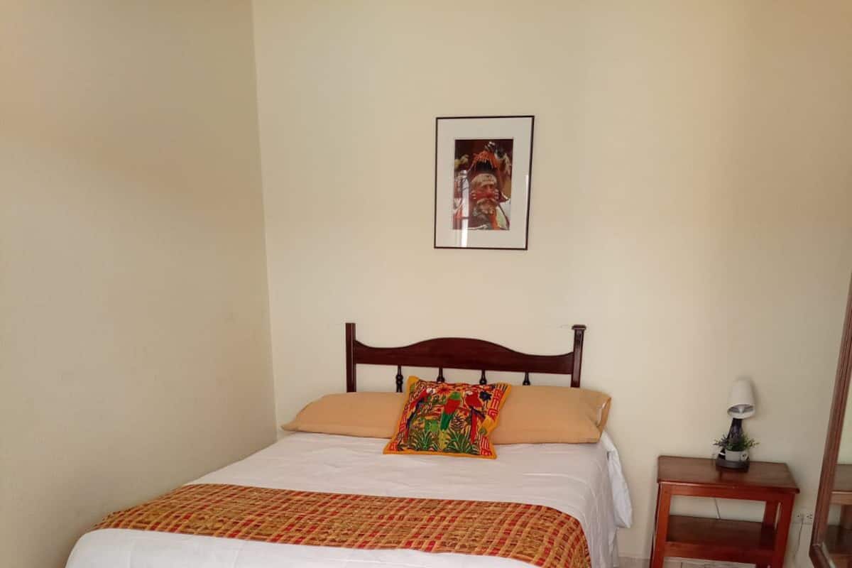 A bed with a white bedspread and a colorful pillow, a wooden nightstand with a lamp, and a framed picture on the wall.