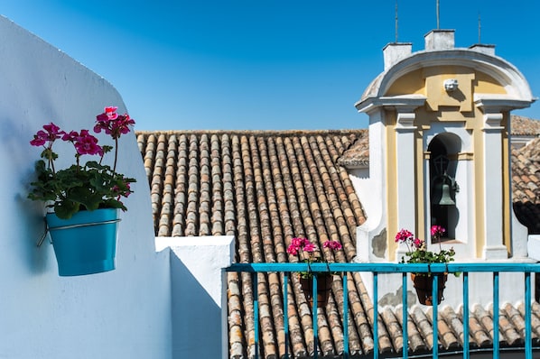 A building with a tiled roof and a balcony with blue railings.