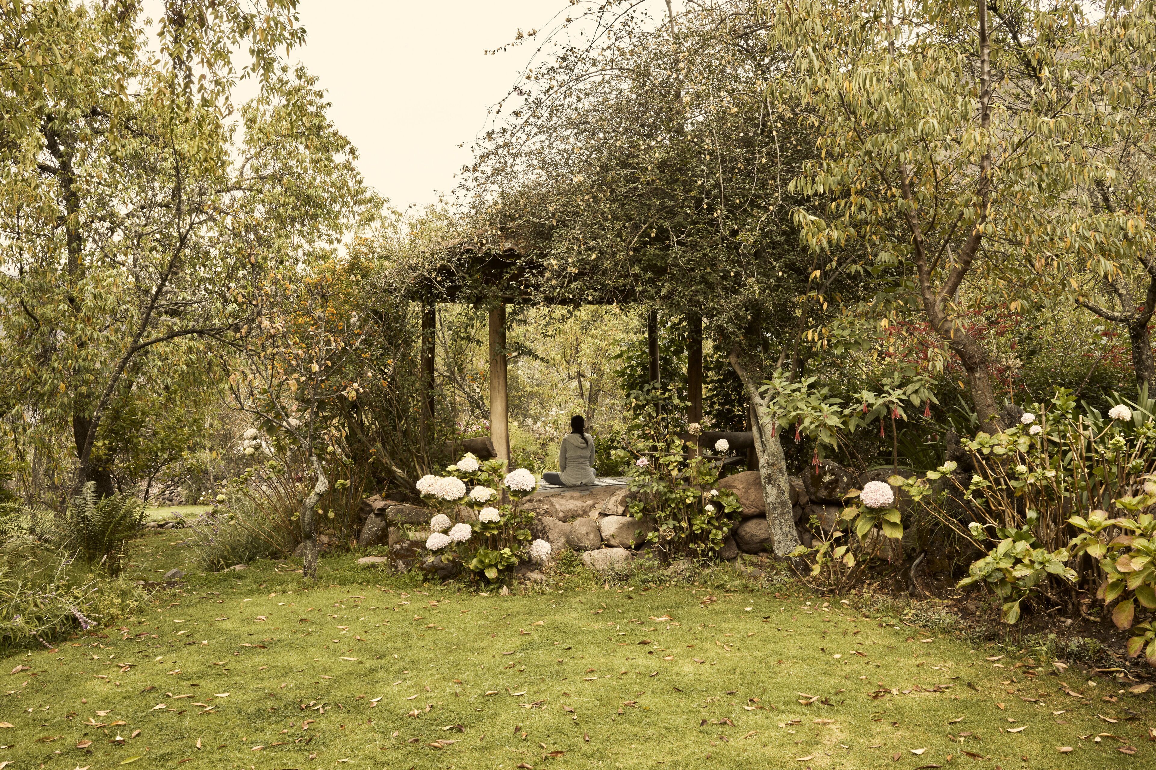 A gazebo in a garden with a person sitting under it.