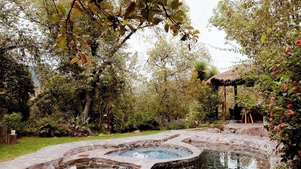 Un jardin avec un jacuzzi, entouré d’escaliers en pierre et d’une végétation luxuriante.