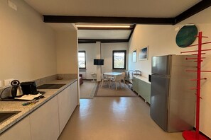 Fridge, stovetop, dishwasher, coffee/tea maker