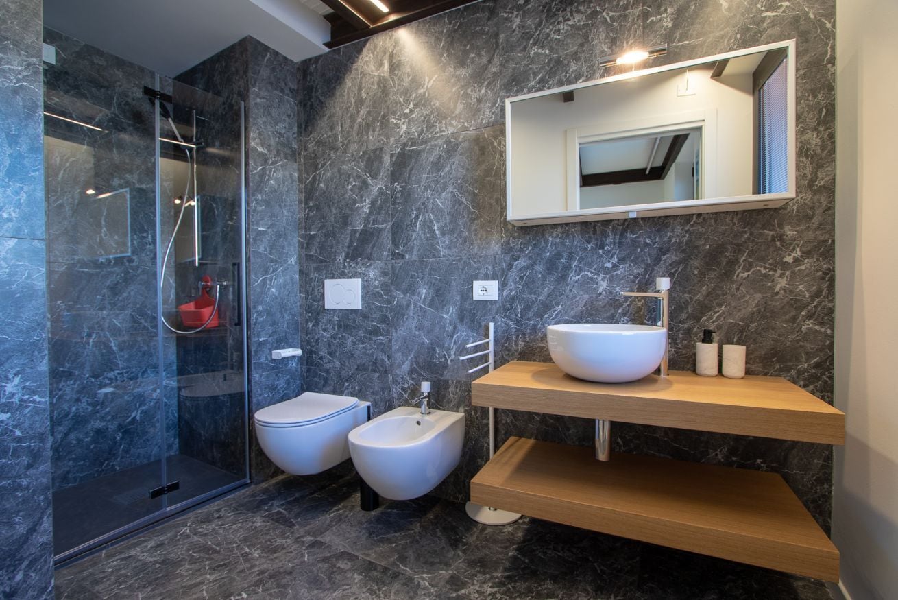 Shower, hair dryer, bidet, towels