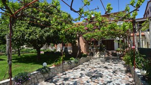 A courtyard with a tiled walkway, a pergola with climbing plants, and a stone wall with flowers. - Apartment Kuftic - Relax Zone (Rovinj)