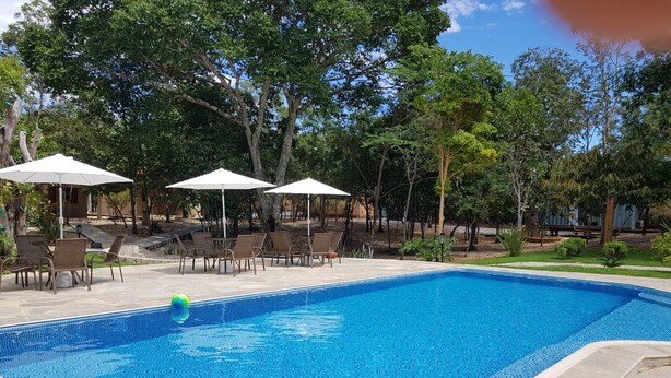 Una piscina rettangolare con bordi piastrellati, circondata da lettini e ombrelloni.