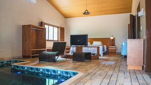 Una stanza con piscina, letto, televisore e armadio.