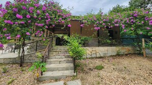 Un edificio con una scala in pietra che conduce a un ingresso coperto, circondato da fiori viola in fiore.
