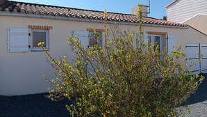 A building with a tiled roof, multiple windows, and a small tree in the foreground.