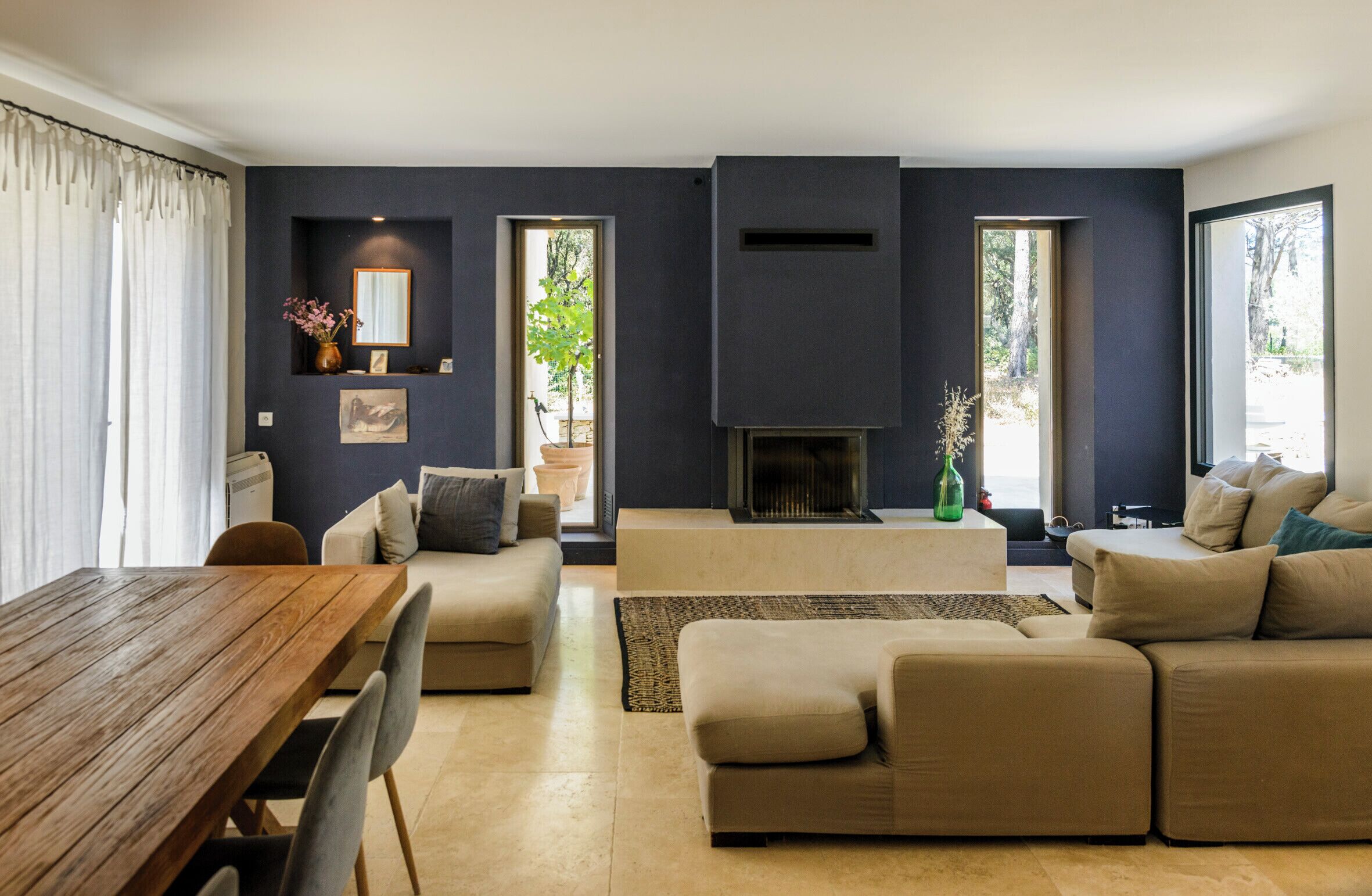 TV, fireplace, books