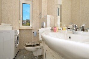 Douche, séchoir à cheveux, serviettes fournies