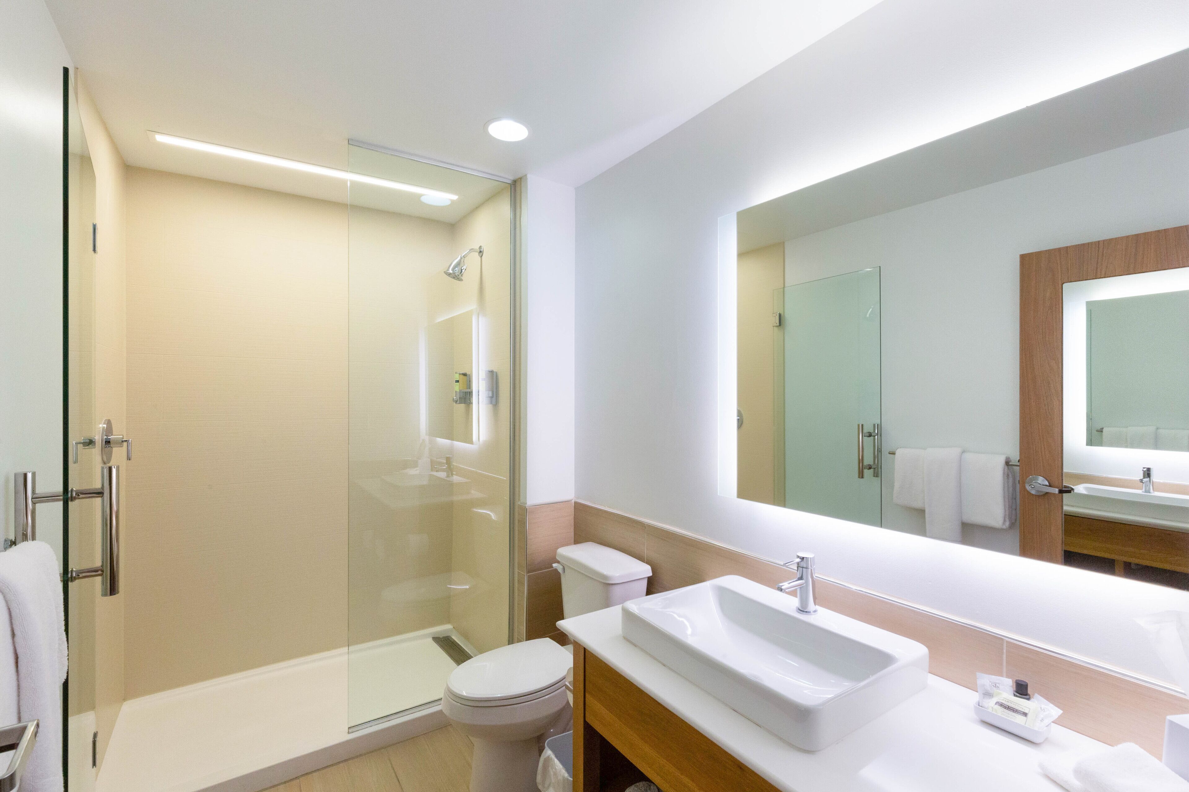 A modern bathroom with a glass-enclosed shower, a white sink, and a large mirror.