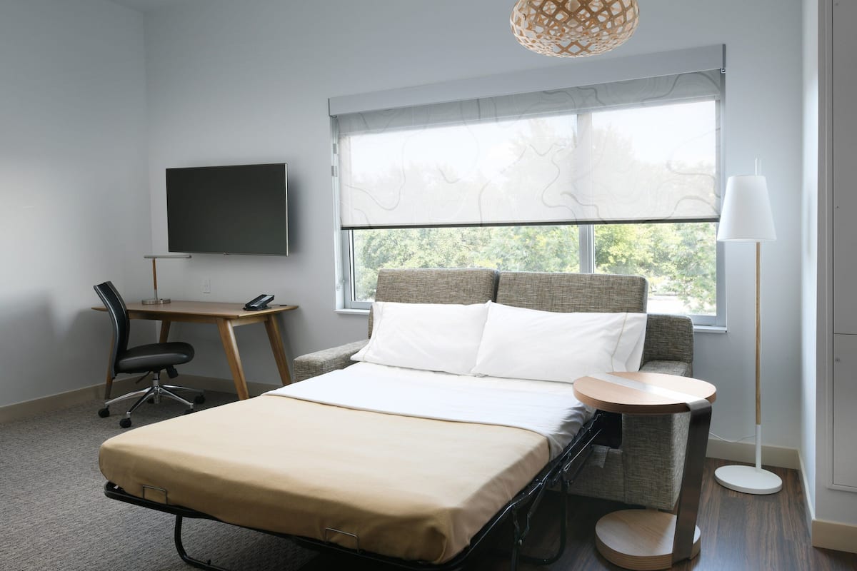 Quarto de hotel com uma cama, escrivaninha, cadeira, televisão, abajur e janela com vista para árvores.