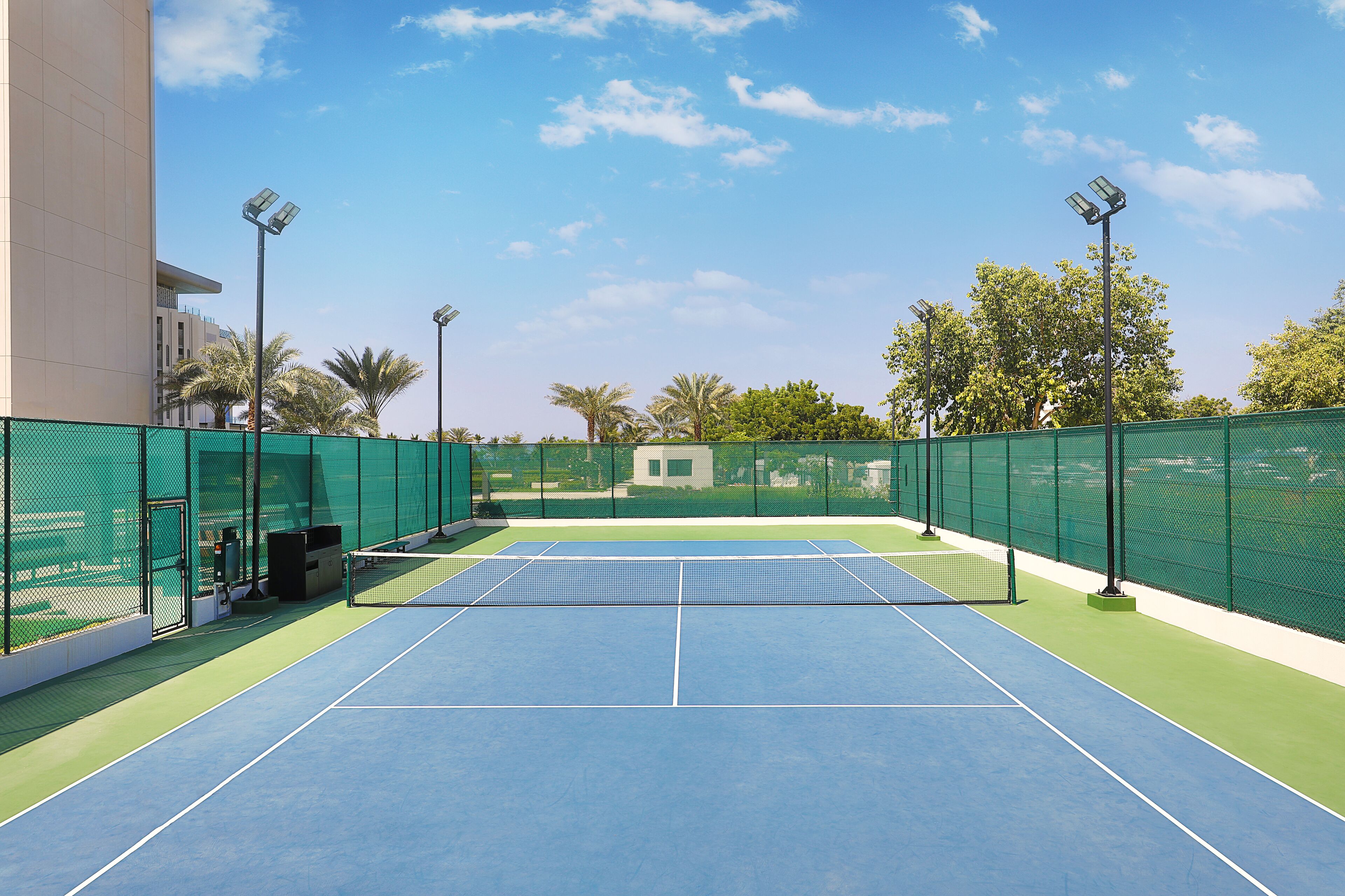 An outdoor tennis court with a net, surrounded by green fencing and palm trees.