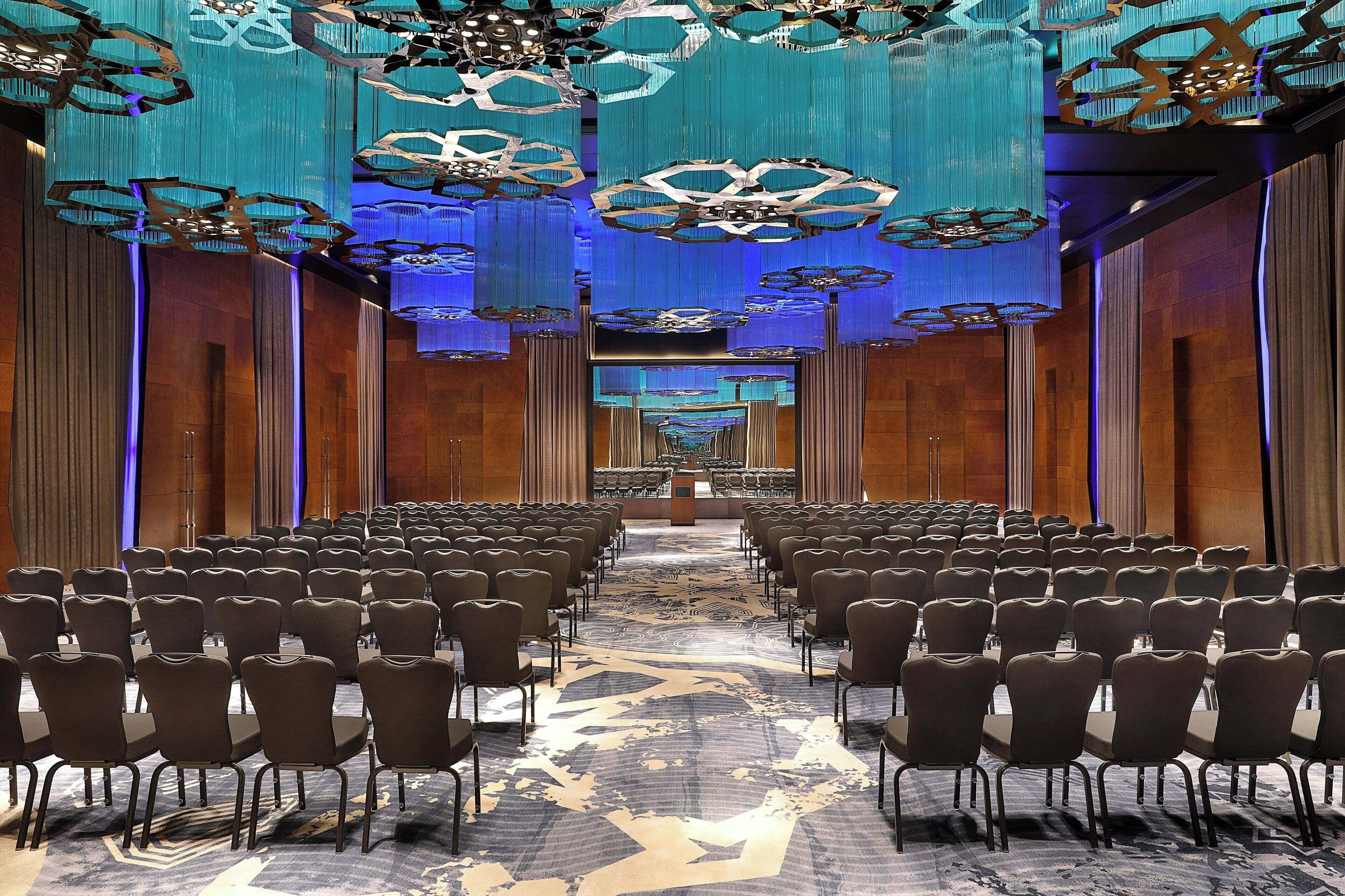 Un salón de conferencias con hileras de sillas, una alfombra estampada y luminarias modernas en el techo.