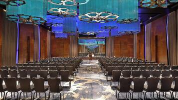 Un salón de conferencias con hileras de sillas, una alfombra estampada y luminarias modernas en el techo.