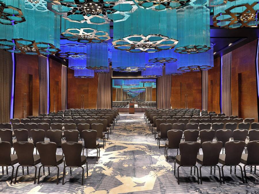 Un salón de conferencias con hileras de sillas, una alfombra estampada y luminarias modernas en el techo.