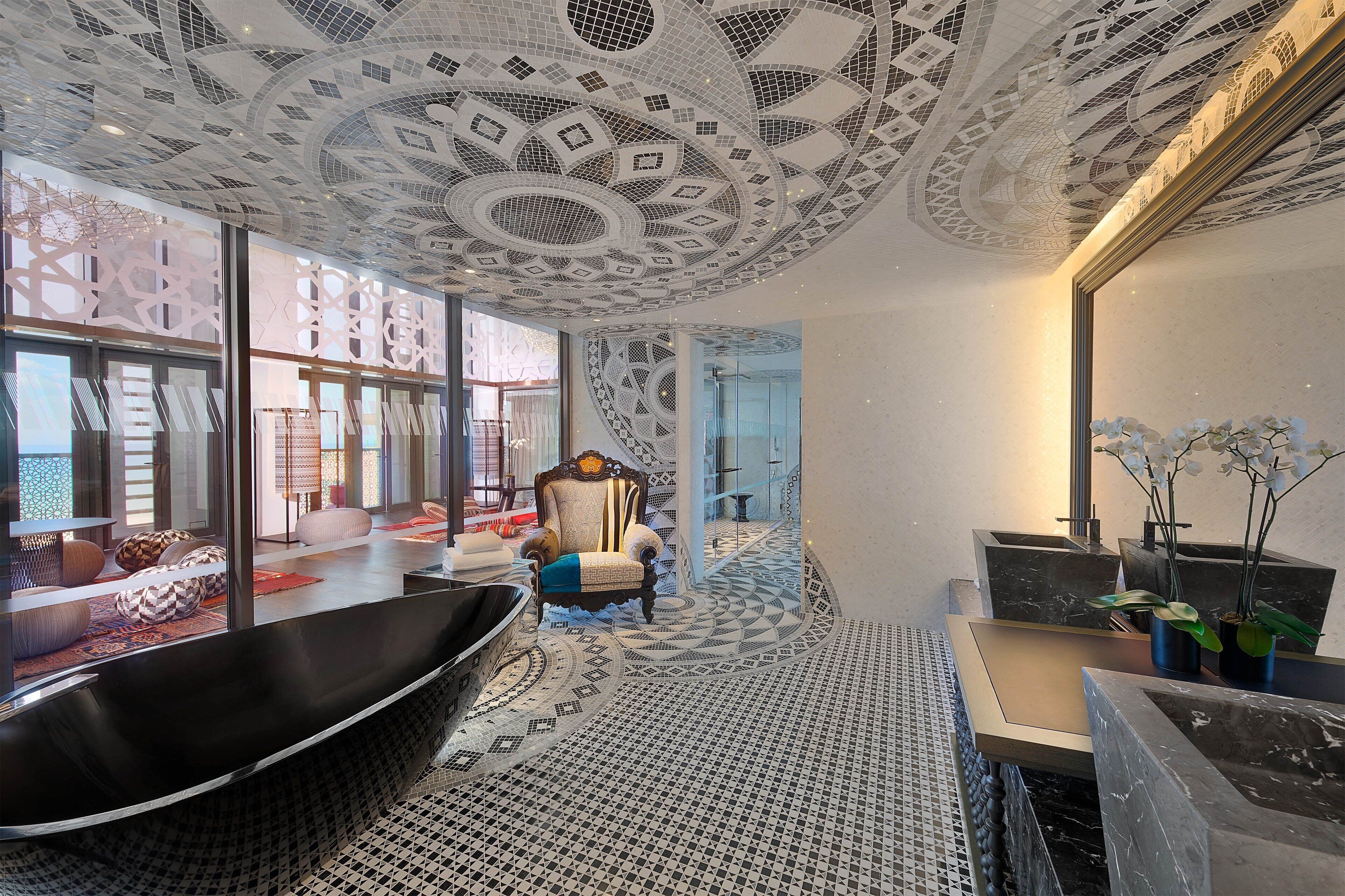 separate bathtub and shower, deep-soaking bathtub, rainfall showerhead