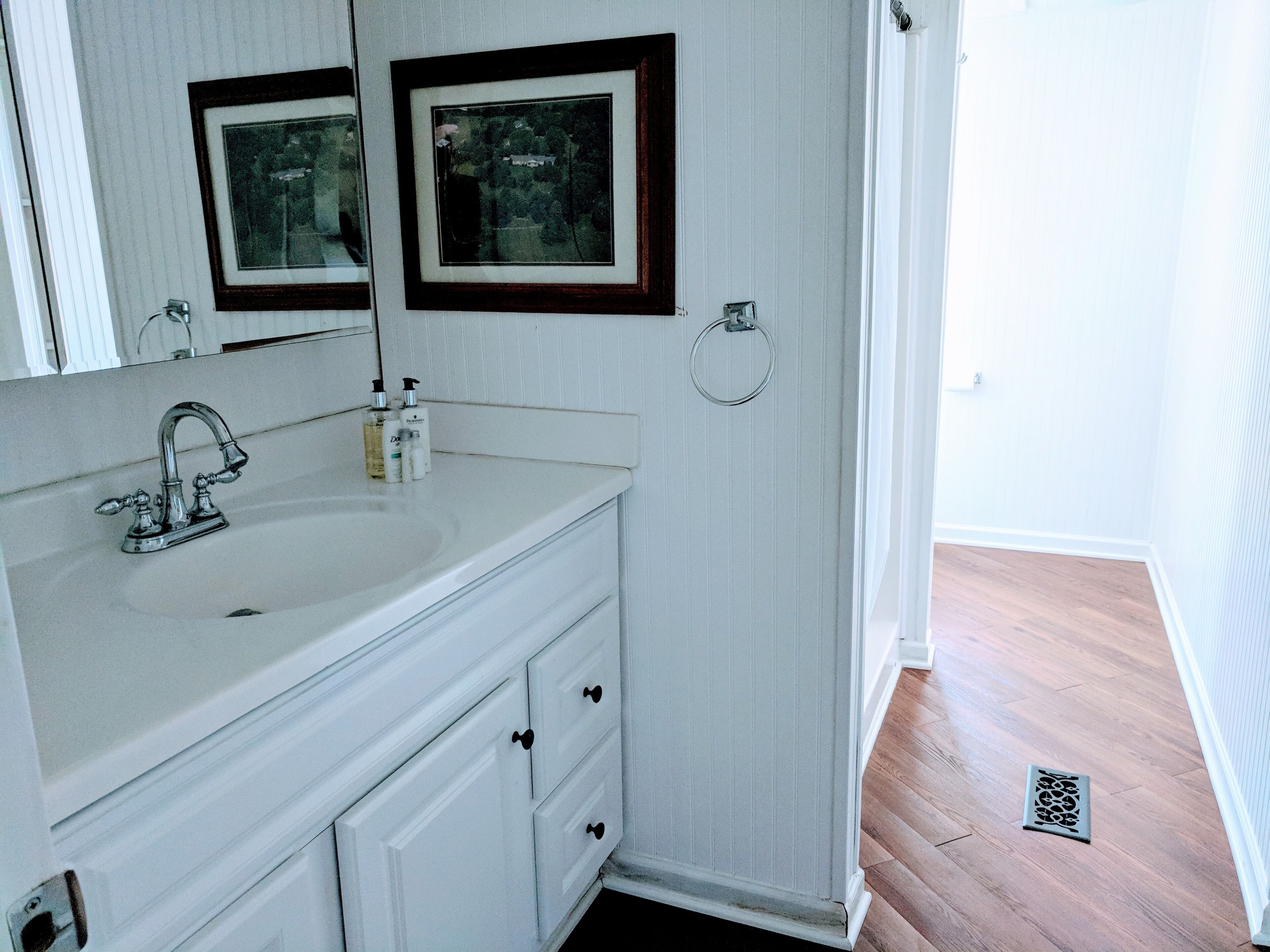 A bathroom with a white vanity, a sink with a single faucet, two framed pictures above the mirror, and a towel ring on the wall.