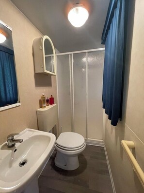 Bathroom features a sink, toilet, shower enclosure, and mirror.
