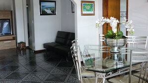 A dining area with a glass table and chairs, a plant on the table, and a television in the background.