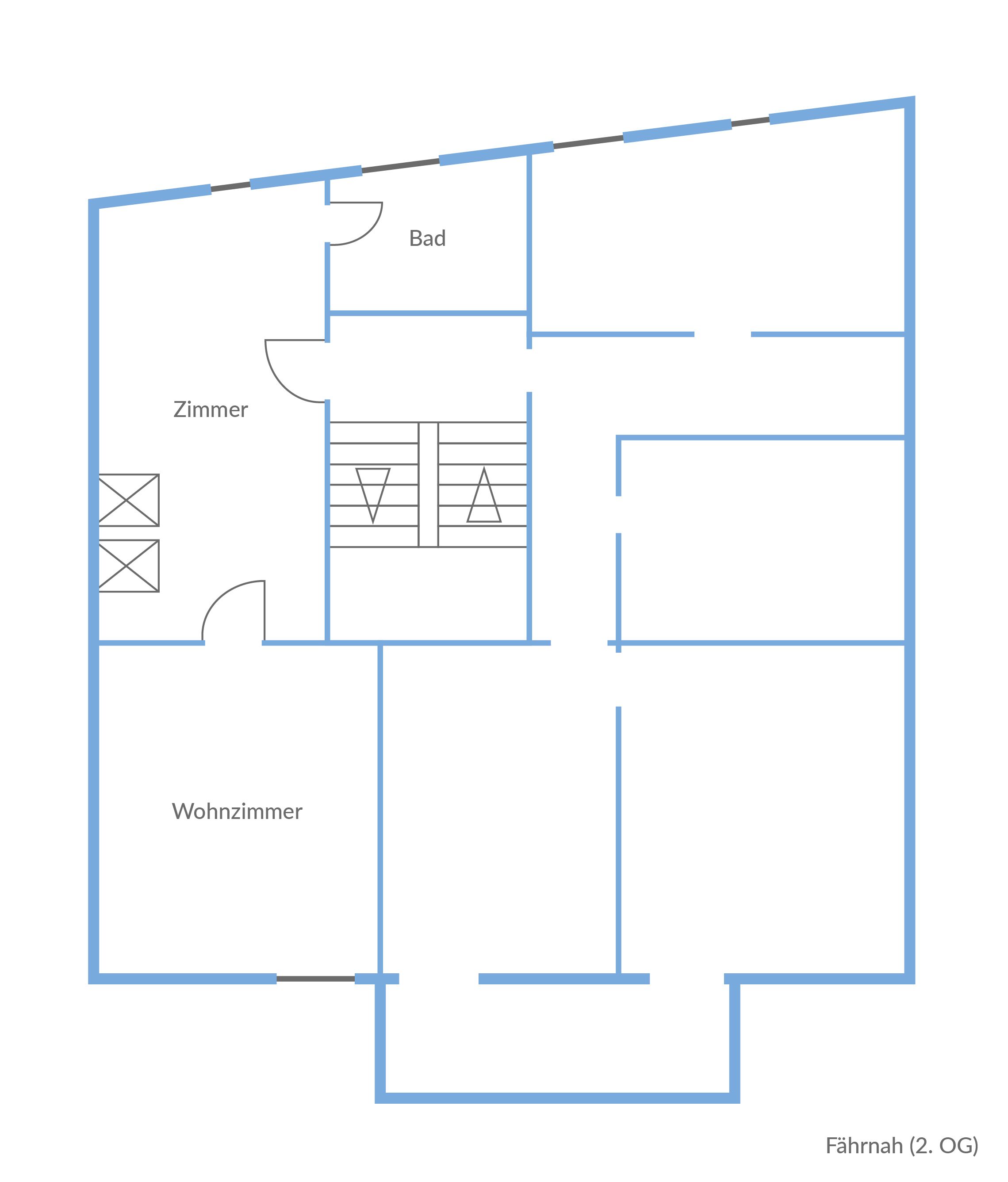 Grundriss mit beschrifteten Räumen: 'Bad', 'Zimmer' und 'Wohnzimmer'.