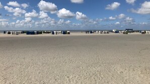 Una playa con baños portátiles y un autobús al fondo.
