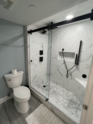 Rainfall showerhead, hair dryer, towels