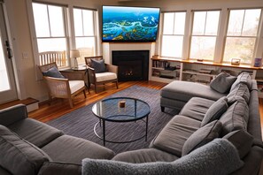 Smart TV, fireplace, video games, DVD player