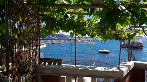 A view of a harbor with boats, a dock, and a wooden structure with hanging vines.