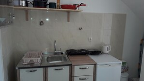 A compact kitchen with a sink, countertop, and a kettle.