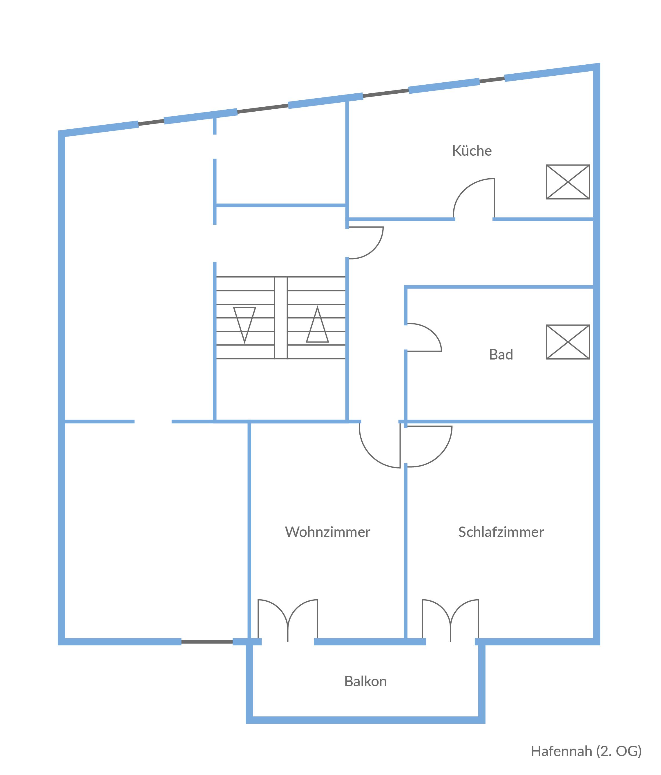 A floor plan with a kitchen, bathroom, living room, bedroom, and balcony.