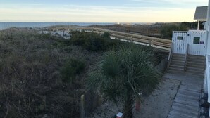 Una playa con un paseo marítimo de madera, una palmera y un portón que dice "NO SE PERMITE EL ACCESO PÚBLICO".