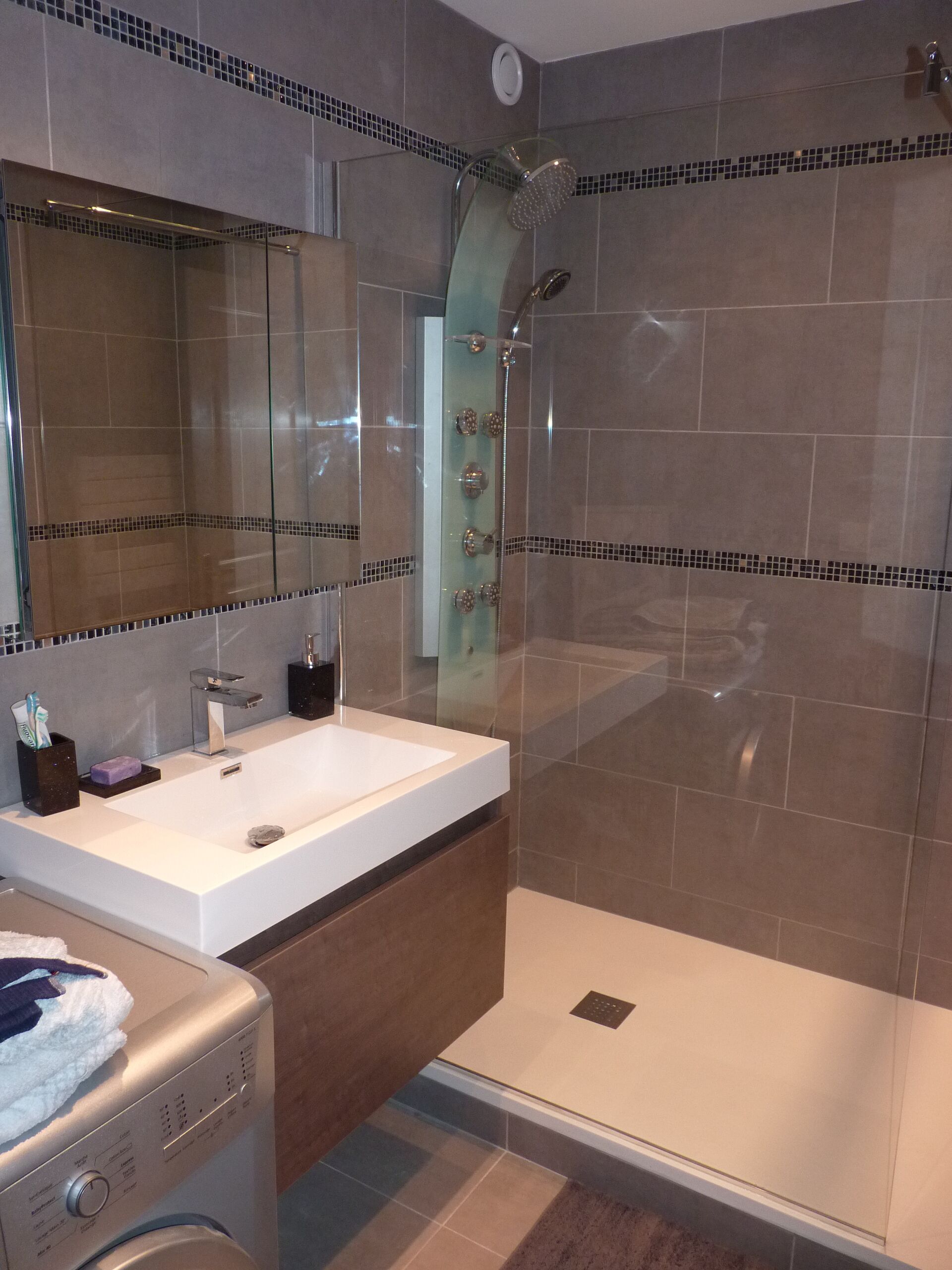Shower, hair dryer, soap, shampoo